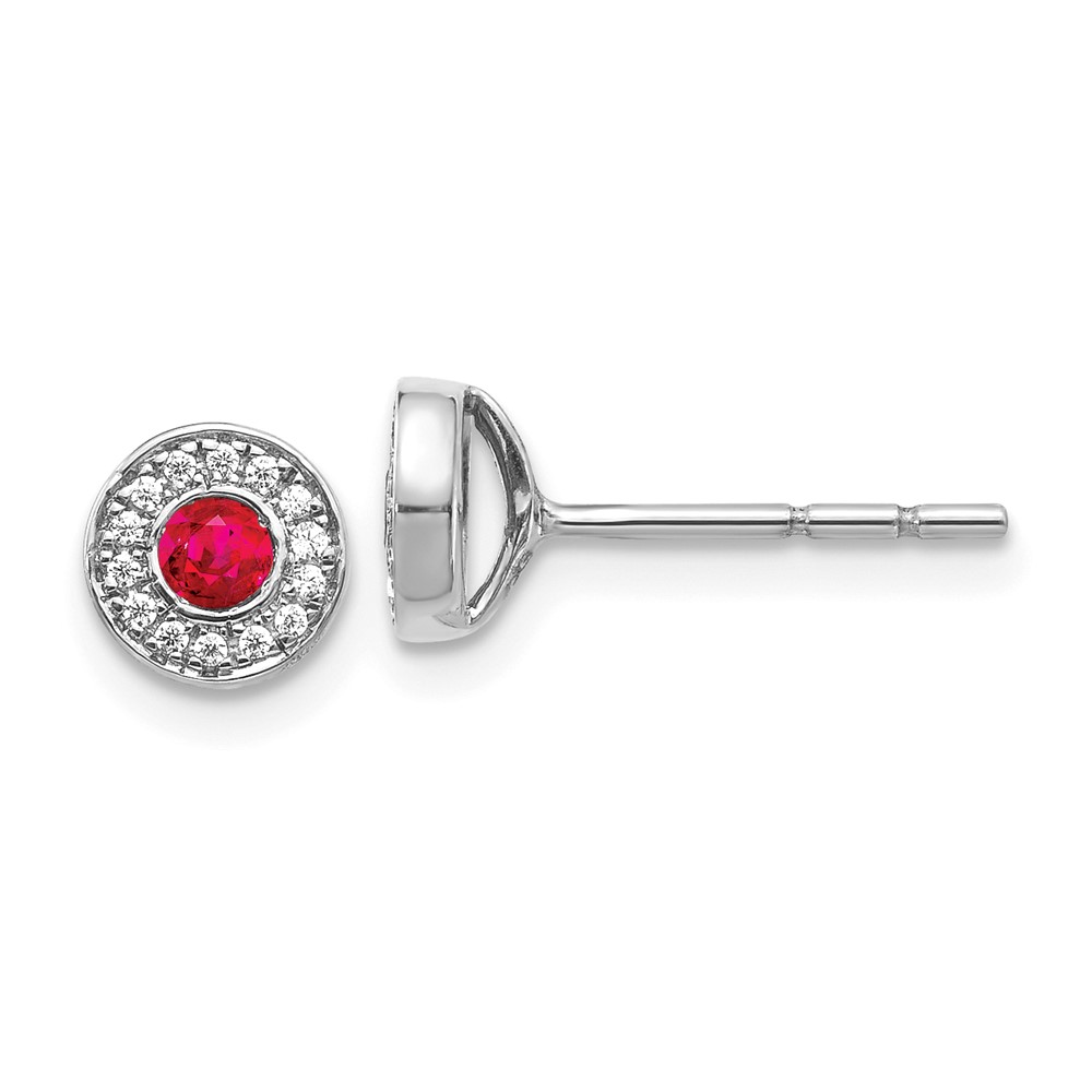 14k White Gold Diamond And Red Ruby (July Birthstone) Halo Post Earrings